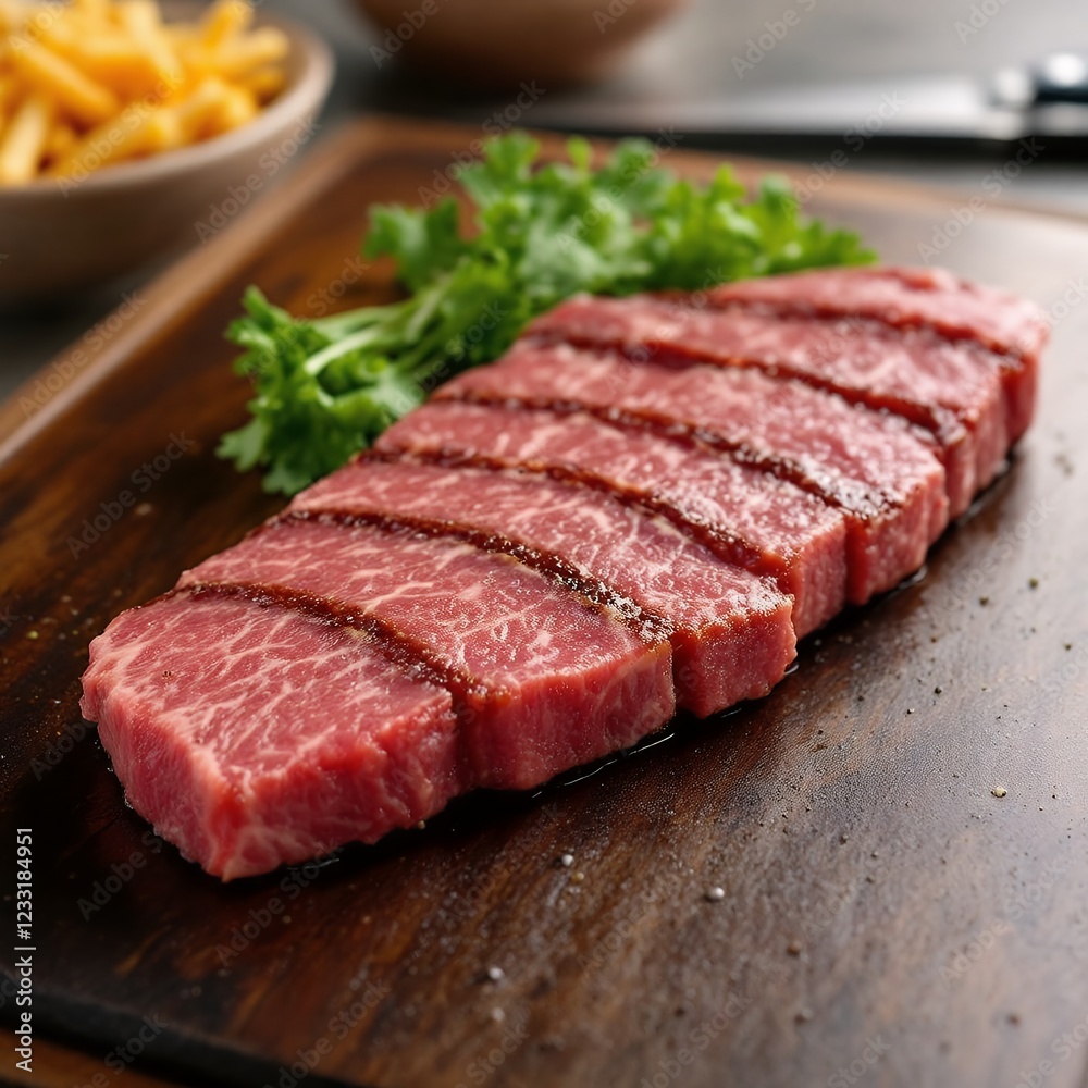 Sliced Grilled Wagyu Beef Steak on Wooden Board Sliced Grilled Wagyu Beef Steak on Wooden Board