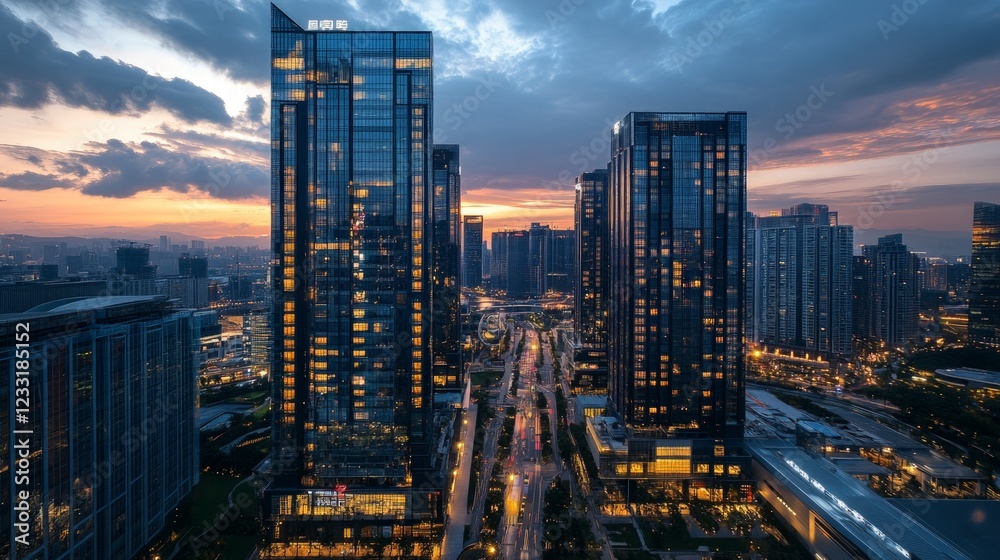 Fototapeta premium Modern City Skyline During Sunset with Reflection on Glass Buildings