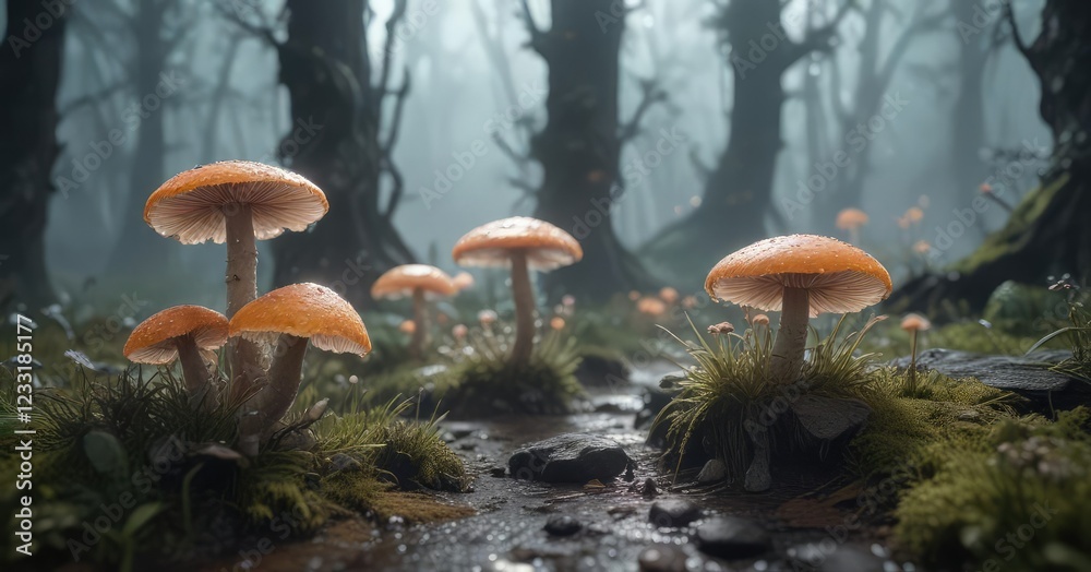 Fototapeta premium Ethereal fungal caps glowing softly in the misty atmosphere, otherworldly glow, eerie ambiance