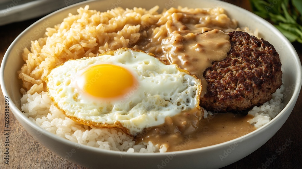 Bowl of Hawaiian loco moco rice hamburger patty fried egg gravy Bowl of Hawaiian loco moco rice hamburger patty fried egg gravy
