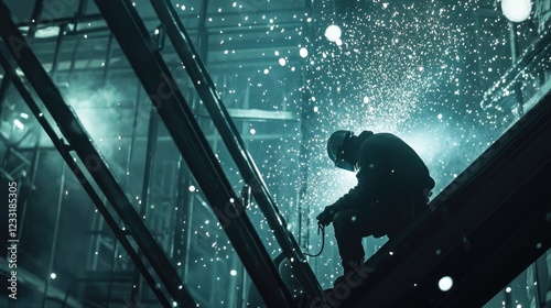 Industrial worker welding metal steel structure in a factory.