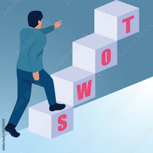 A man climbing stairs from the word swot. Illustration of swot analysis, strengths, weaknesses, opportunities, and threats.