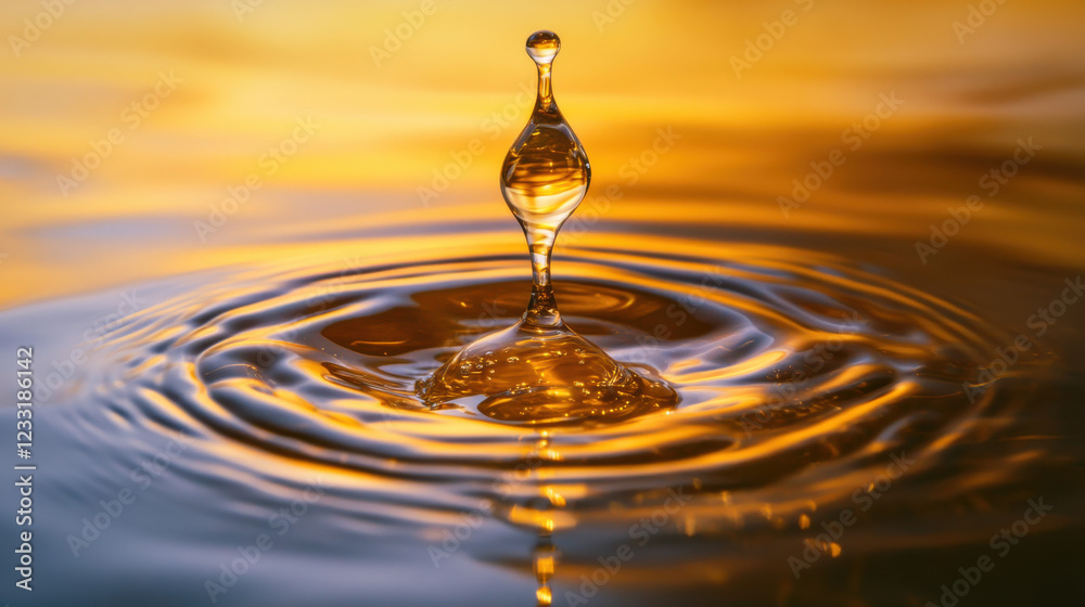 A droplet of honey slowly falling onto a reflective water surface, creating mesmerizing ripple effects A droplet of honey slowly falling onto a reflective water surface, creating mesmerizing ripple effects