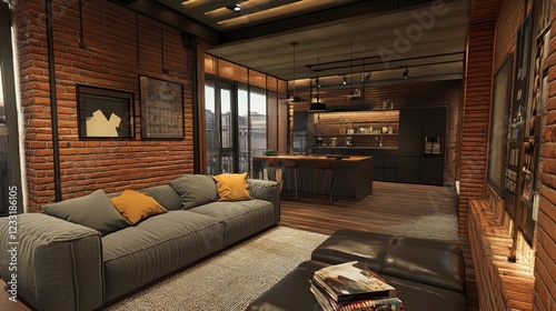 Industrial-style living room with sofa and brick walls