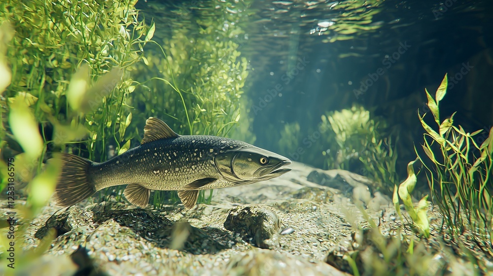 Fototapeta premium A detailed image of a pike fish in a shallow river, photorealistic freshwater setting 