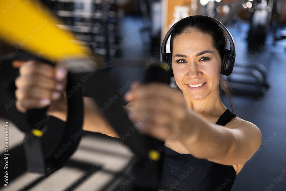 Obraz premium Young beautiful Asian woman doing fitness exercises with TRX exercise bands in gym.