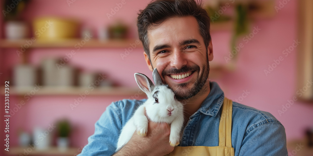 Cheerful man holding adorable rabbit in cozy home setting lifestyle photography indoor environment warm atmosphere pet care concept Cheerful man holding adorable rabbit in cozy home setting lifestyle photography indoor environment warm atmosphere pet care concept