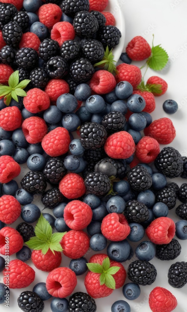 Fresh berries combination including raspberry, blueberries, and blackberries on a white backdrop, close-up, delicious, natural sugars, set, arrangement Fresh berries combination including raspberry, blueberries, and blackberries on a white backdrop, close-up, delicious, natural sugars, set, arrangement