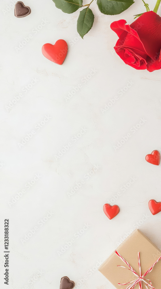 Fototapeta premium Romantic flat lay with red rose, hearts, and chocolates for special occasions