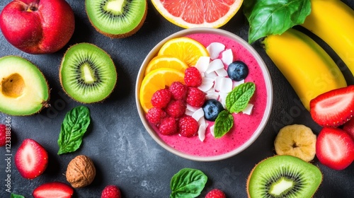 Colorful smoothie bowl garnished with a variety of fresh fruits and nuts on a dark background photo