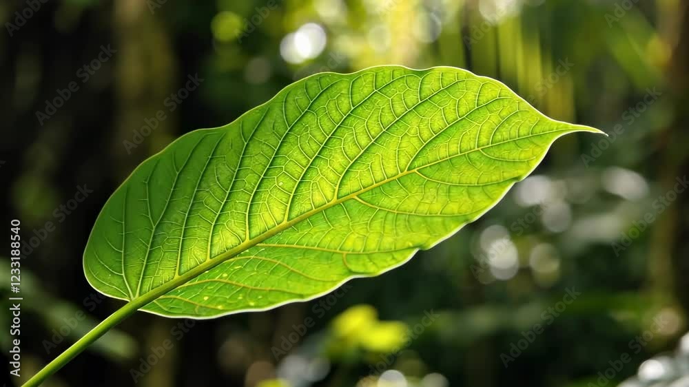 Sunlight dances through vibrant green leaf in lush forest setting Sunlight dances through vibrant green leaf in lush forest setting
