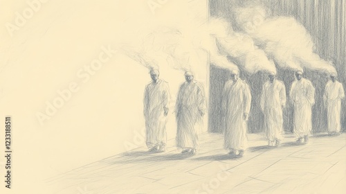 Priests Maintain the Altar of Incense with Holy Care - Biblical Illustration, Bible Wall Art Set Against a Beige Background - Exodus The Altar of Incense