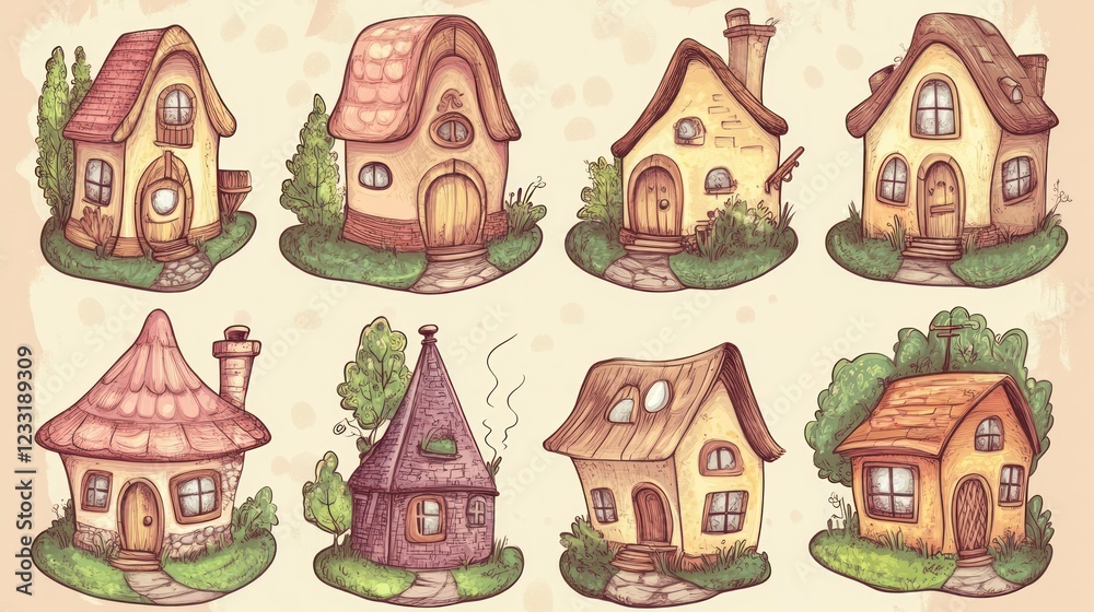 Naklejka premium Eight whimsical cartoon houses, various styles, colors, and sizes.