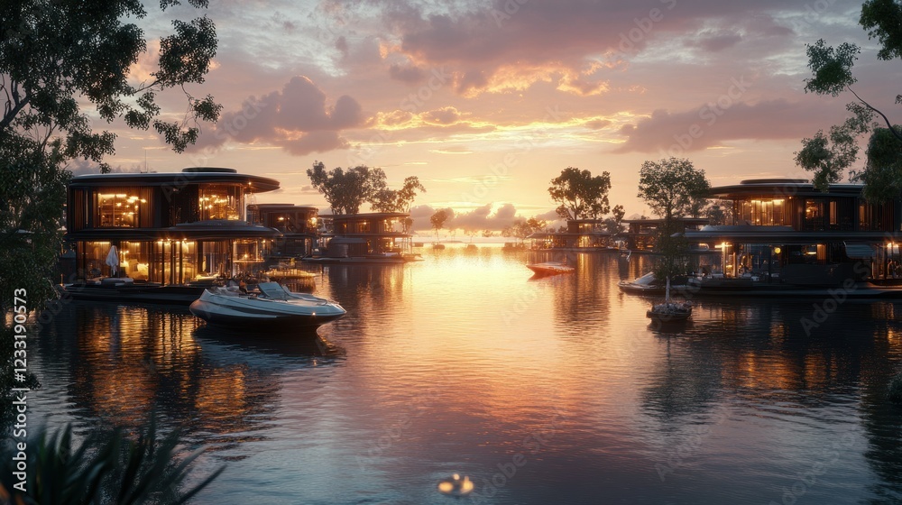 Fototapeta premium Luxury waterfront homes at sunset.