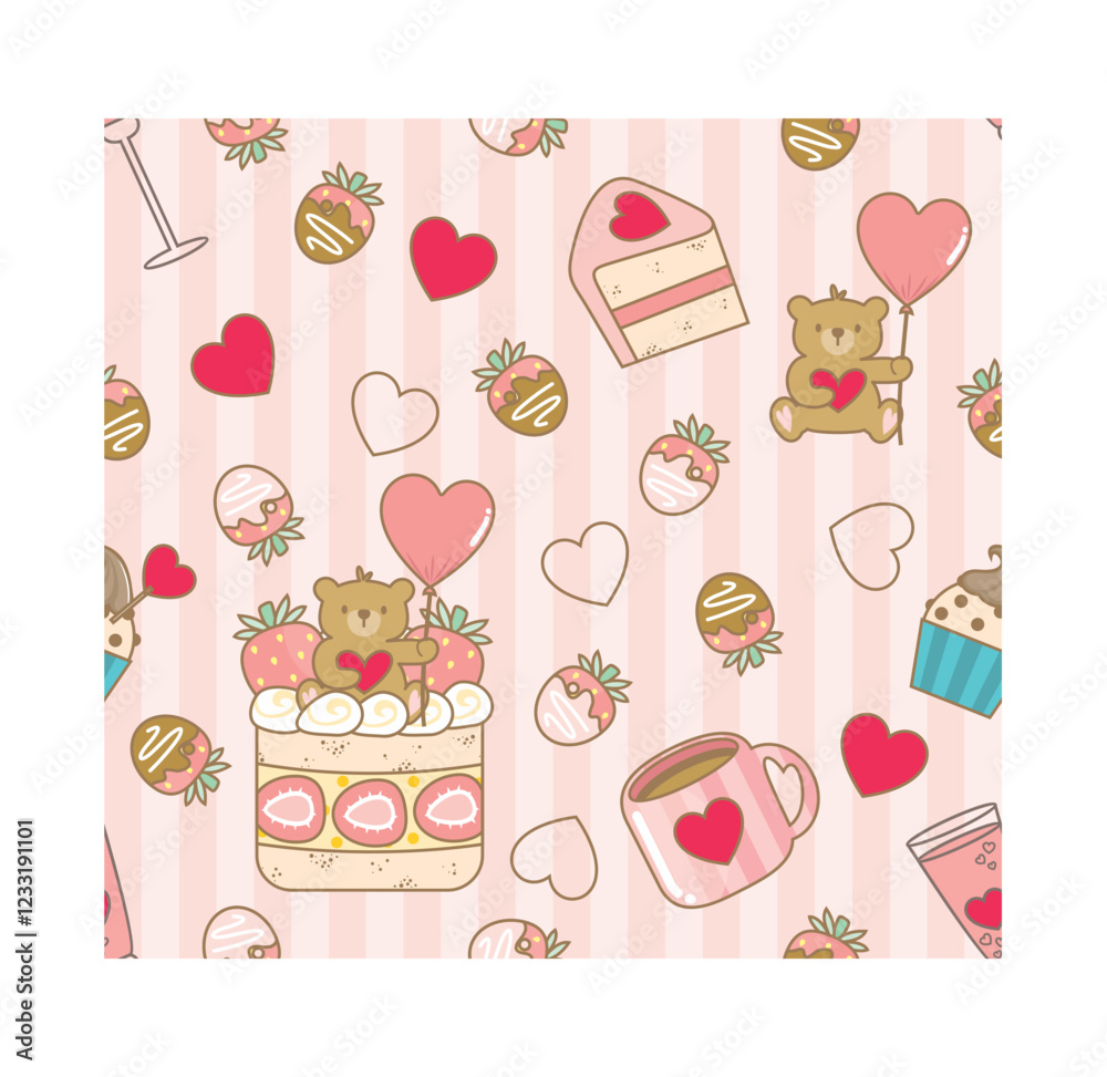Scrapbook, fundo, patterns, padrão de repetição, estampa, frutas, morango, corações, dia dos namorados, namorados, valentine's