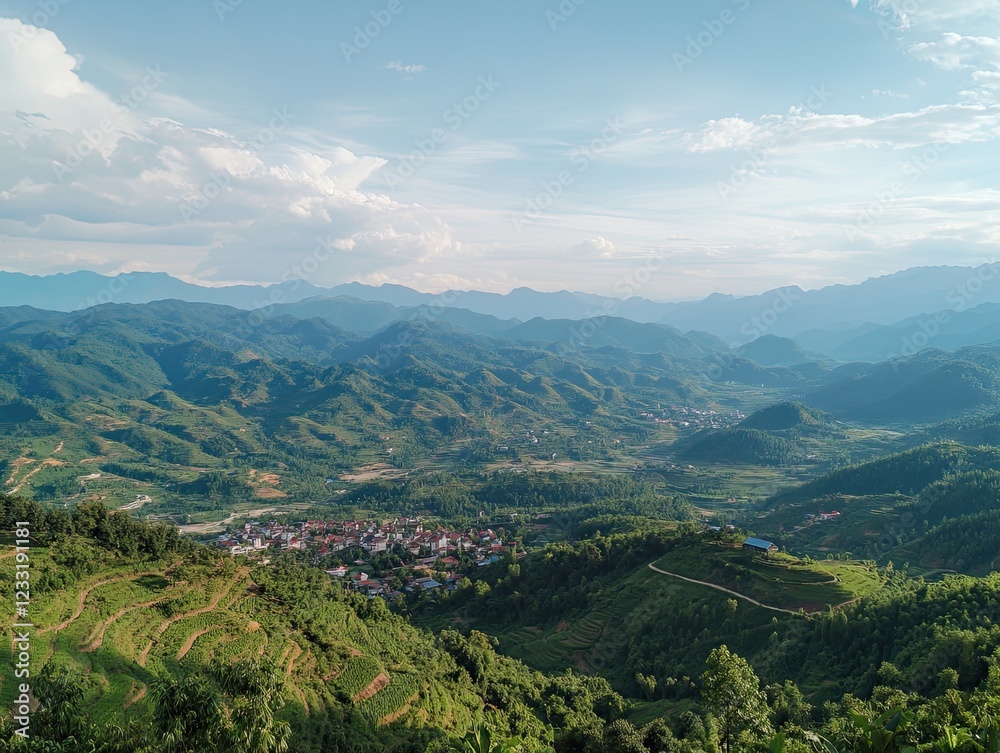 Naklejka premium Panoramic View of a Valley with Terraced Fields and Distant Mountain Ranges