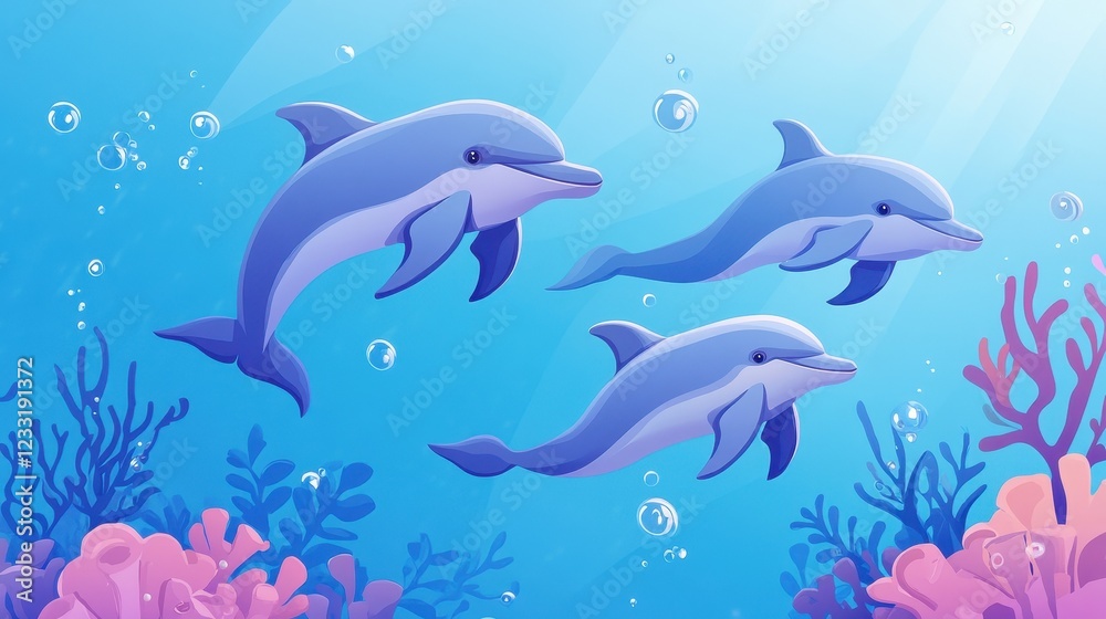 Three Dolphins Swimming in a Vibrant Ocean Scene Three Dolphins Swimming in a Vibrant Ocean Scene