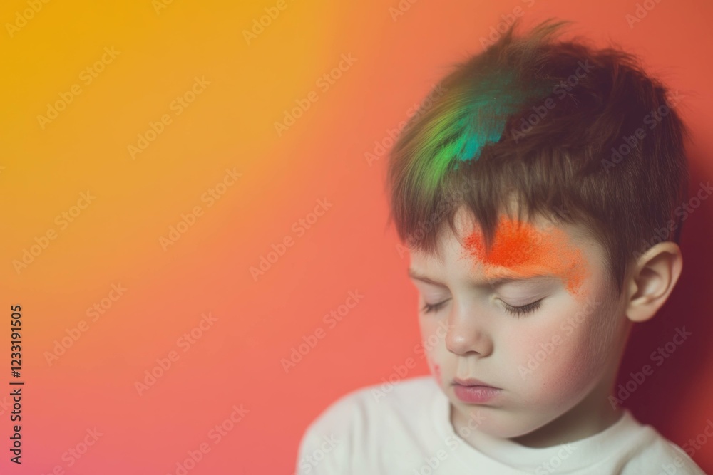 Naklejka premium Young boy with colorful face paint against a vibrant orange background, expressing a thoughtful emotion, ideal for themes of creativity, childhood, and playfulness