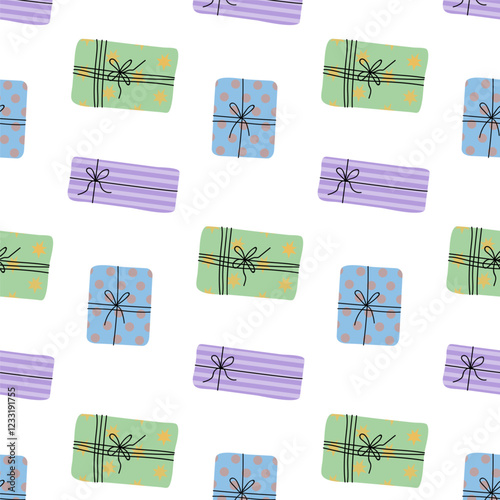 Colorful gift boxes with bows in a playful pattern on a white background