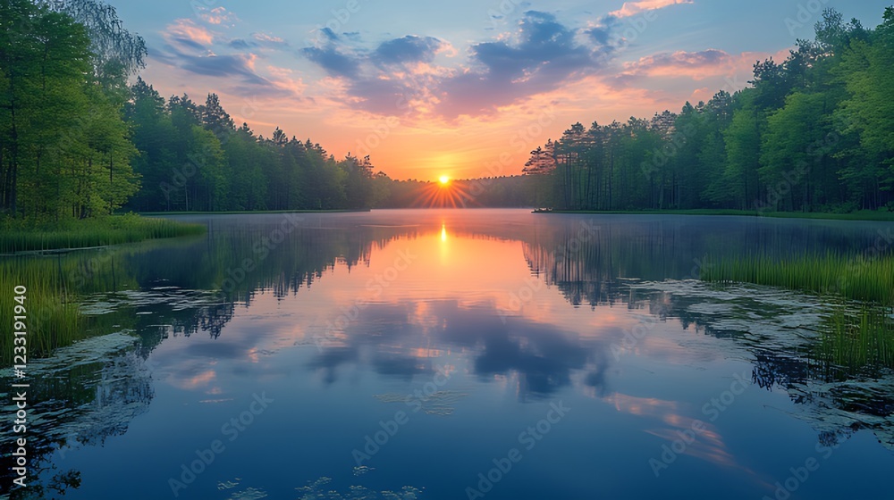 Sunrise over tranquil forest lake reflecting sky Sunrise over tranquil forest lake reflecting sky