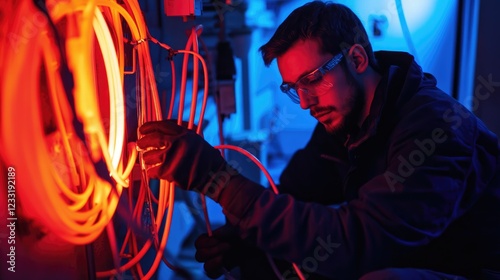Installation technicians securing optic fiber with cable ties.