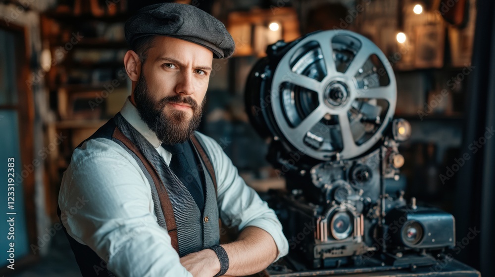 A bearded man in a hat and vest stands in front of a vintage film projector.