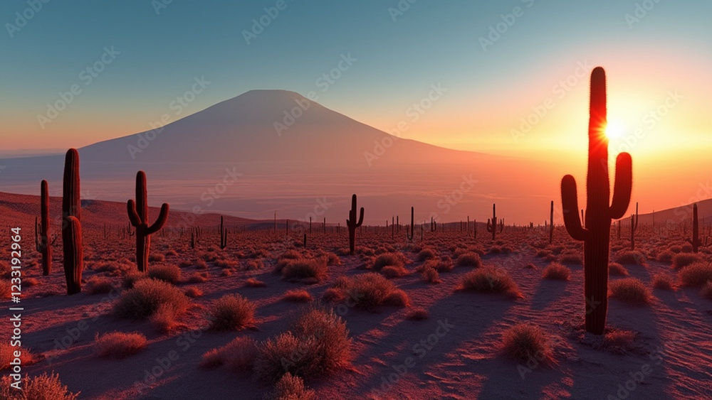 Una vista panorámica del desierto de Atacama al amanecer, los tonos rojos y naranjas del paisaje árido brillando bajo la luz temprana, siluetas de cactus en primer plano, un volcán distante flotando Una vista panorámica del desierto de Atacama al amanecer, los tonos rojos y naranjas del paisaje árido brillando bajo la luz temprana, siluetas de cactus en primer plano, un volcán distante flotando