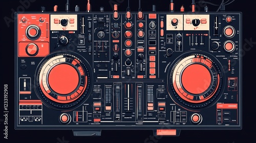 Professional isolated flat vector illustration of a stereo DJ mixer for music production