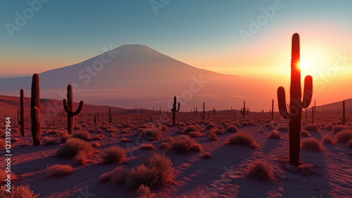 Una vista panorámica del desierto de Atacama al amanecer, los tonos rojos y naranjas del paisaje árido brillando bajo la luz temprana, siluetas de cactus en primer plano, un volcán distante flotando  photo