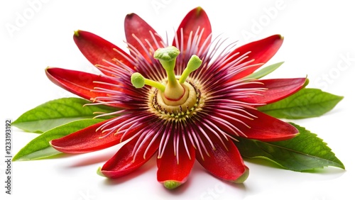 Red Passion Flower with Leaves on White Background