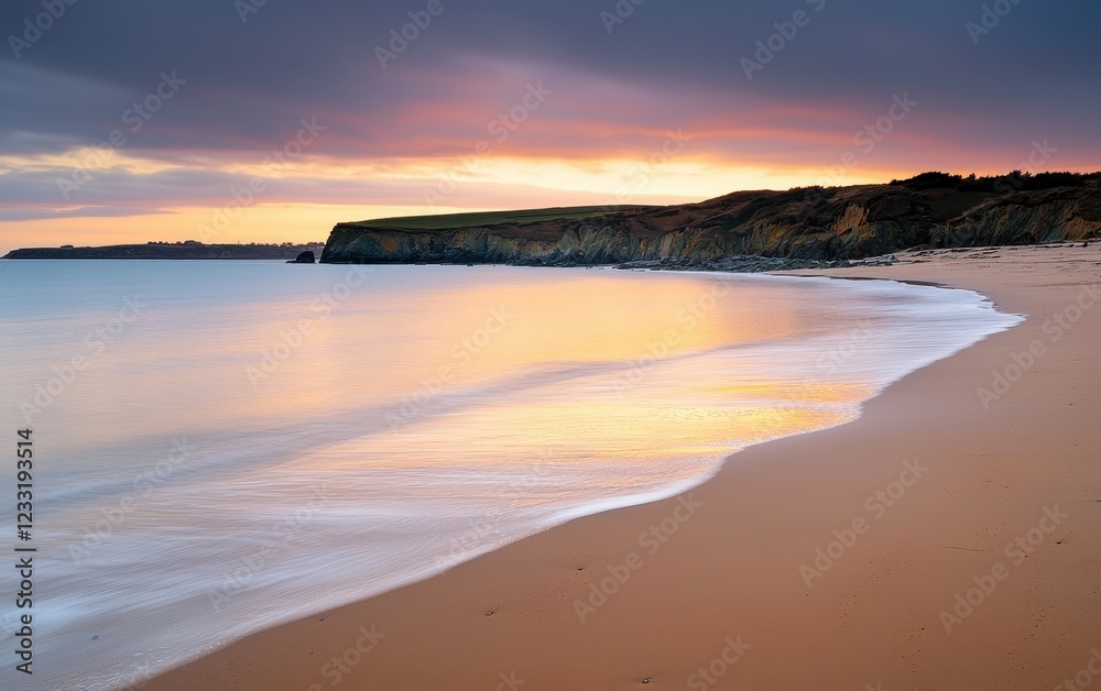 Fototapeta premium A serene beach at sunset, with gentle waves lapping against the shore and a colorful sky reflecting on the water.