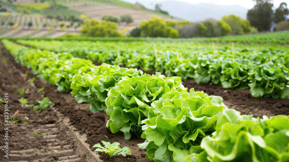 Fresh green lettuce rows growing in lush farm field, showcasing vibrant crops and fertile soil under clear sky. scene evokes sense of tranquility and abundance Fresh green lettuce rows growing in lush farm field, showcasing vibrant crops and fertile soil under clear sky. scene evokes sense of tranquility and abundance