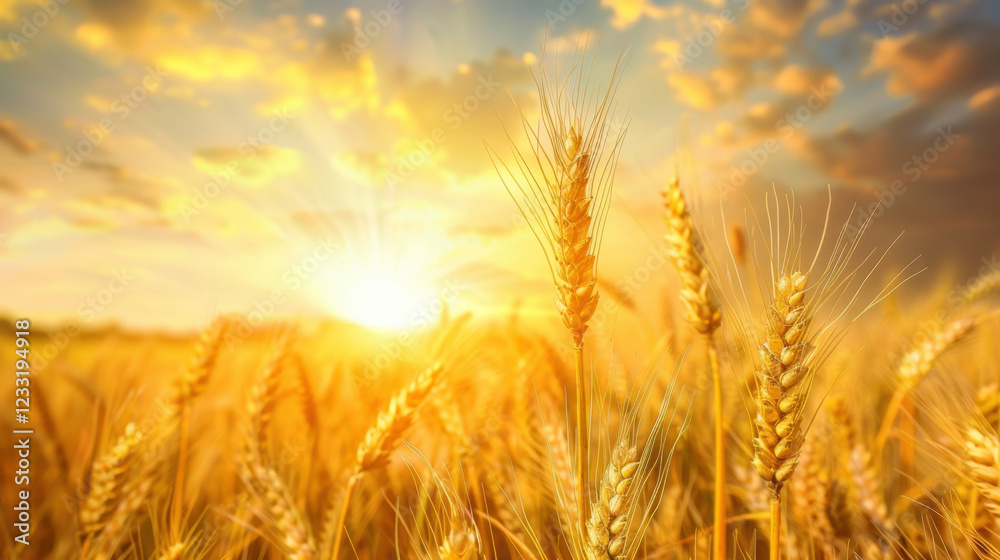 Golden wheat fields basking in warm glow of sunset, creating serene and peaceful atmosphere. beauty of nature is captured in this stunning landscape Golden wheat fields basking in warm glow of sunset, creating serene and peaceful atmosphere. beauty of nature is captured in this stunning landscape