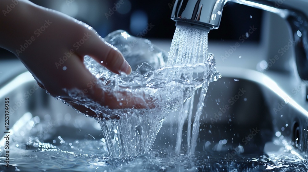 A photorealistic image of a person washing a modern glass vase in the kitchen sink
A photorealistic image of a person washing a modern glass vase in the kitchen sink