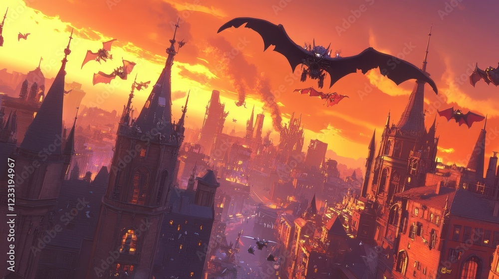 Sunset over a gothic city with bats and flags. Sunset over a gothic city with bats and flags.