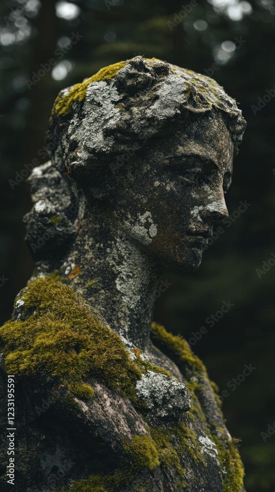 Moss-Covered Stone Statue: A Portrait in Time