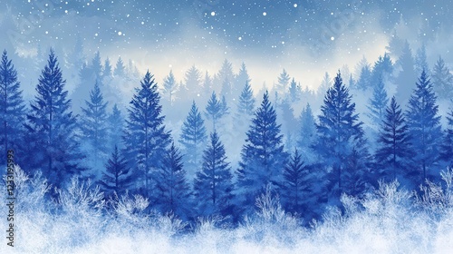 ethereal winter wonderland at twilight moonlit snowcovered pines casting blue shadows stars twinkling through crystalline branches atmospheric fog creating depth photo