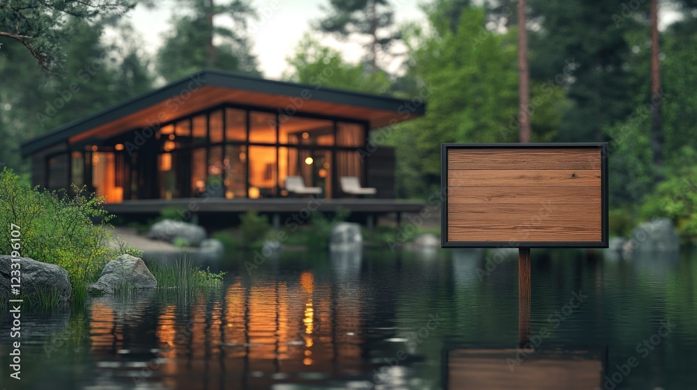 Wooden sign by tranquil lake, modern home background. Wooden sign by tranquil lake, modern home background.