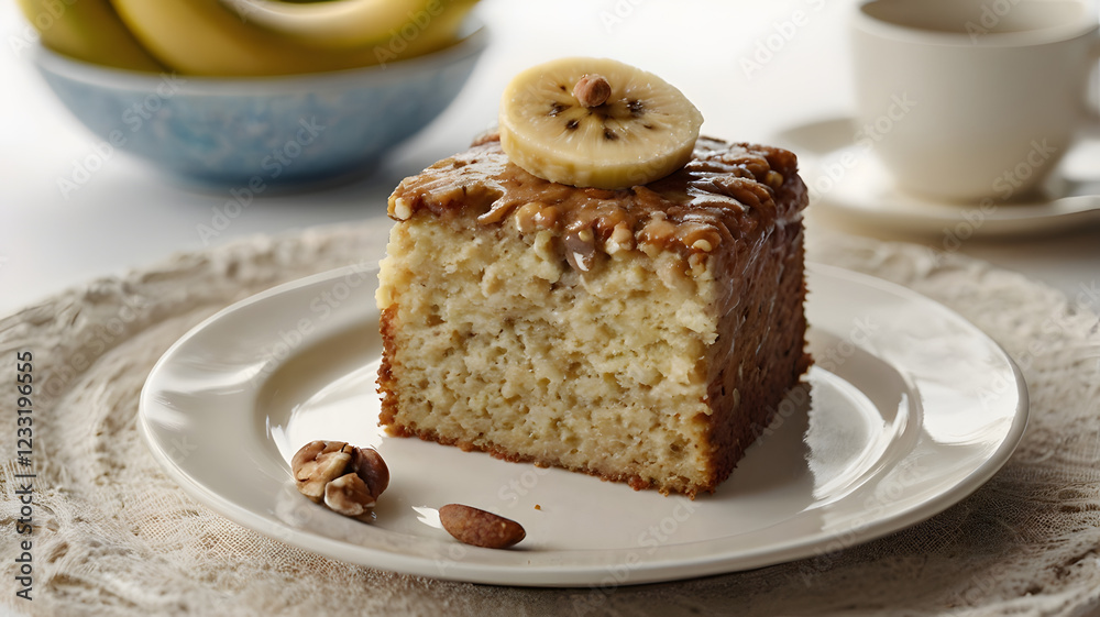 Banana Cake Delight: A delectable slice of moist banana cake, topped with a caramelized banana and a sprinkle of nuts, sits on a rustic white plate, ready to be enjoyed with a cup of coffee. Banana Cake Delight: A delectable slice of moist banana cake, topped with a caramelized banana and a sprinkle of nuts, sits on a rustic white plate, ready to be enjoyed with a cup of coffee.