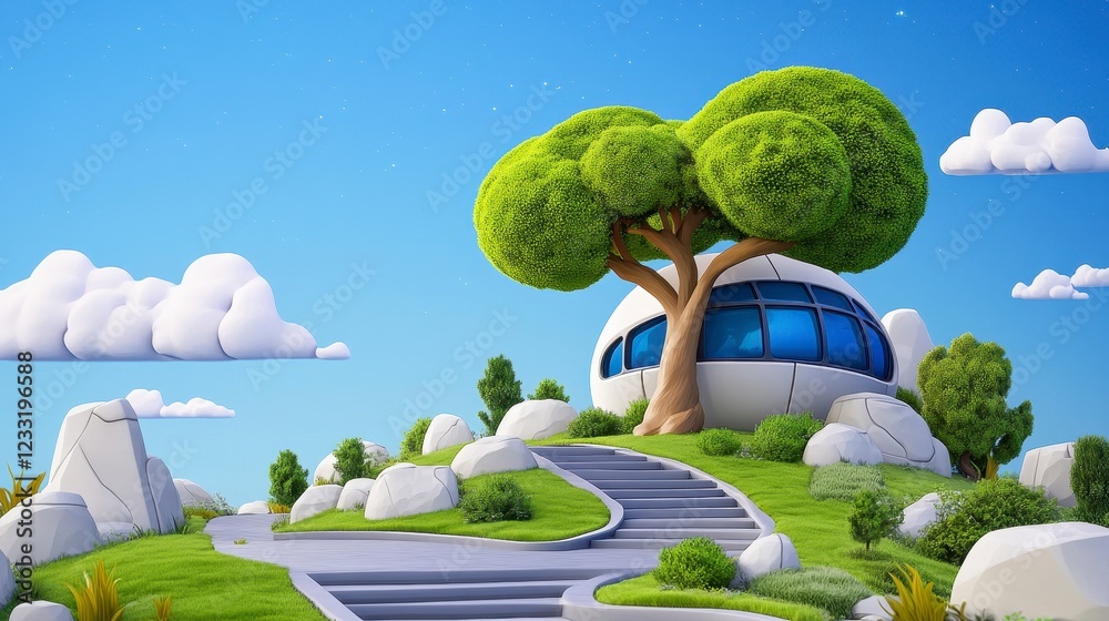 Naklejka premium Modern Futuristic House on Green Hill with Large Tree and Clouds