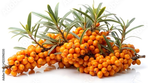 Fresh Sea Buckthorn Berries with Leaves on White Background