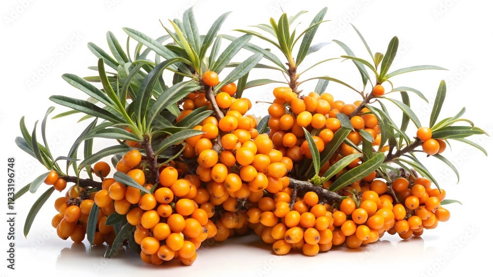 Sea Buckthorn Berries and Branches on White Background Sea Buckthorn Berries and Branches on White Background
