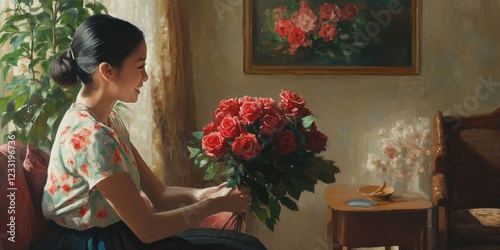 We see a thai girl is giving a bouquet of roses to her mum in a livingroom. realisti style photo