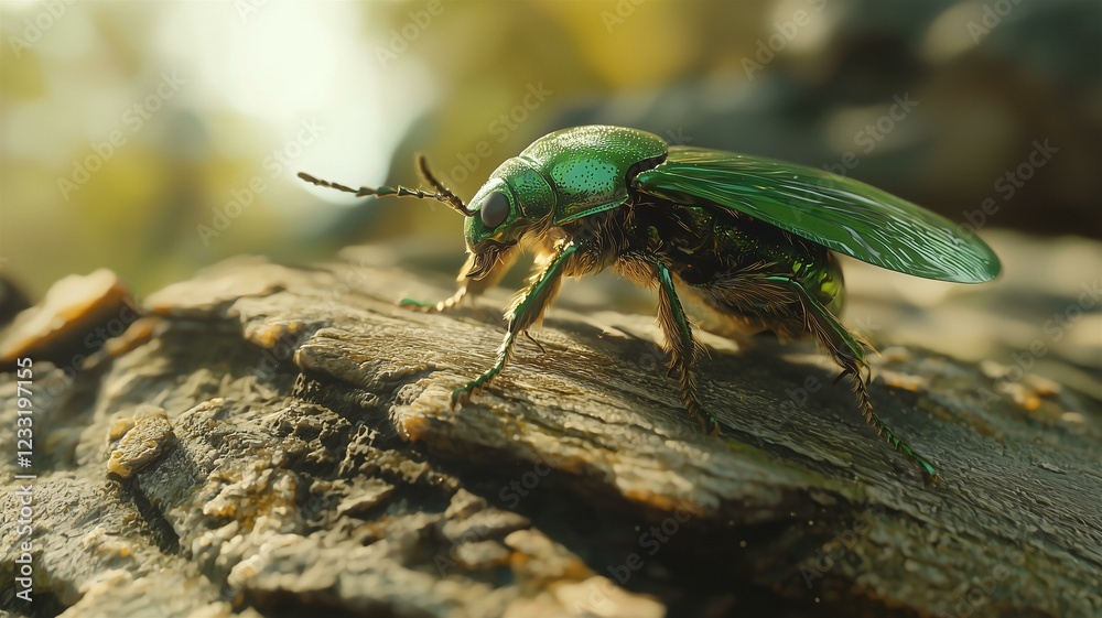 A photorealistic macro image of a beetle with metallic green wings crawling on a piece of wood
