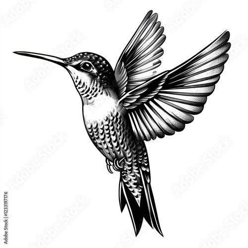 Hummingbird tattoo design, sticker style, on a white background, in black and grey vector art. 