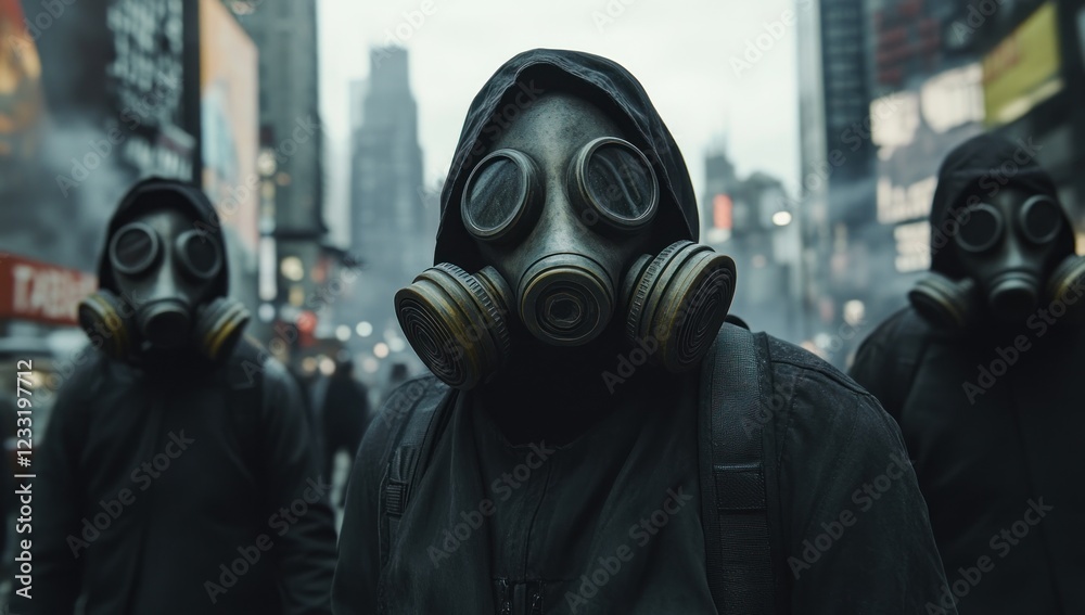 Post-Apocalyptic Cityscape: Masked Figures in a Desolate Urban Environment