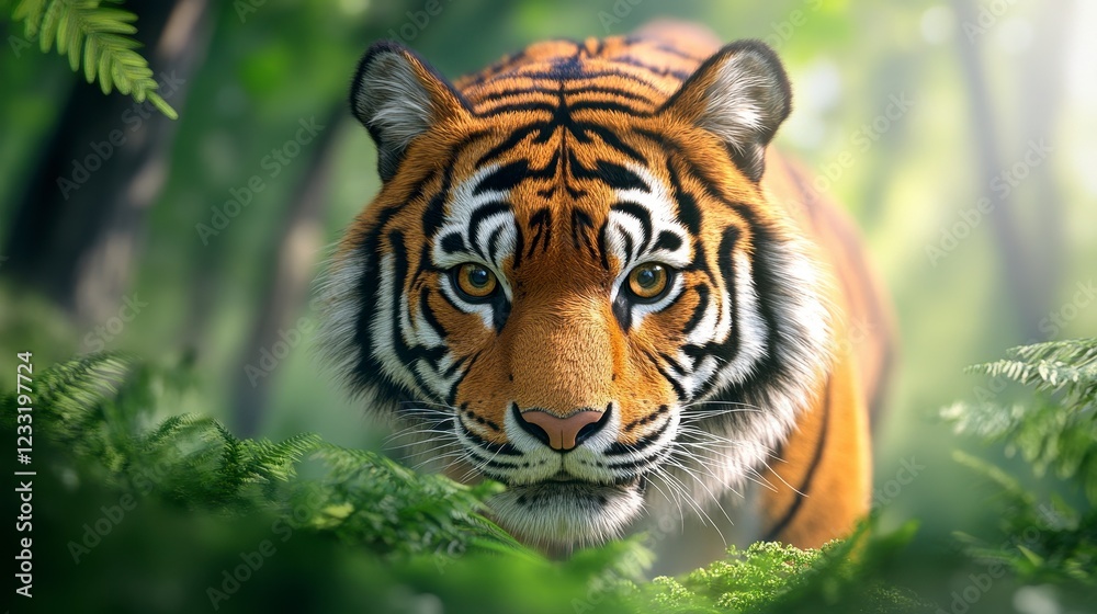 Fototapeta premium Majestic Tiger Walking Through Lush Green Jungle Habitat