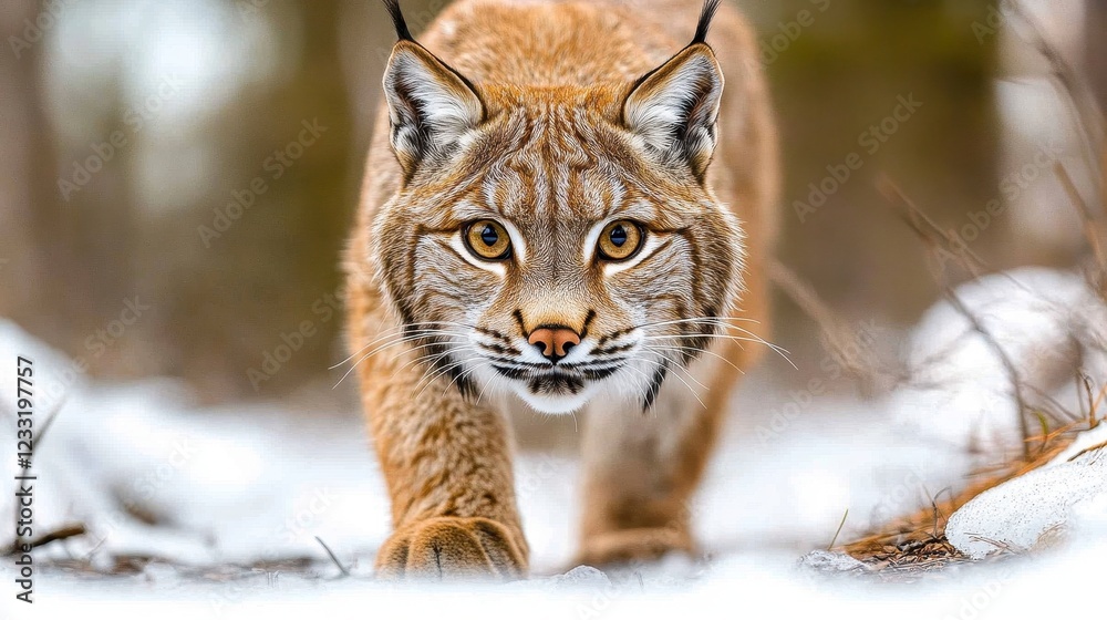 Majestic Lynx Walking Through Snowy Forest Landscape in Winter Majestic Lynx Walking Through Snowy Forest Landscape in Winter