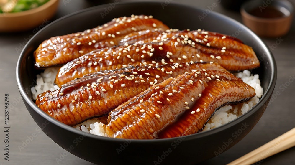 Bowl of Japanese unagi don grilled eel over rice glazed sweet soy sauce and garnished with sesame seeds Bowl of Japanese unagi don grilled eel over rice glazed sweet soy sauce and garnished with sesame seeds