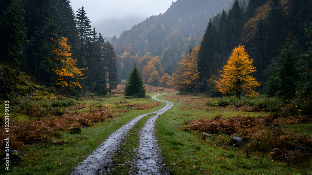 Fototapeta premium Winding road through autumn forest, misty mountains